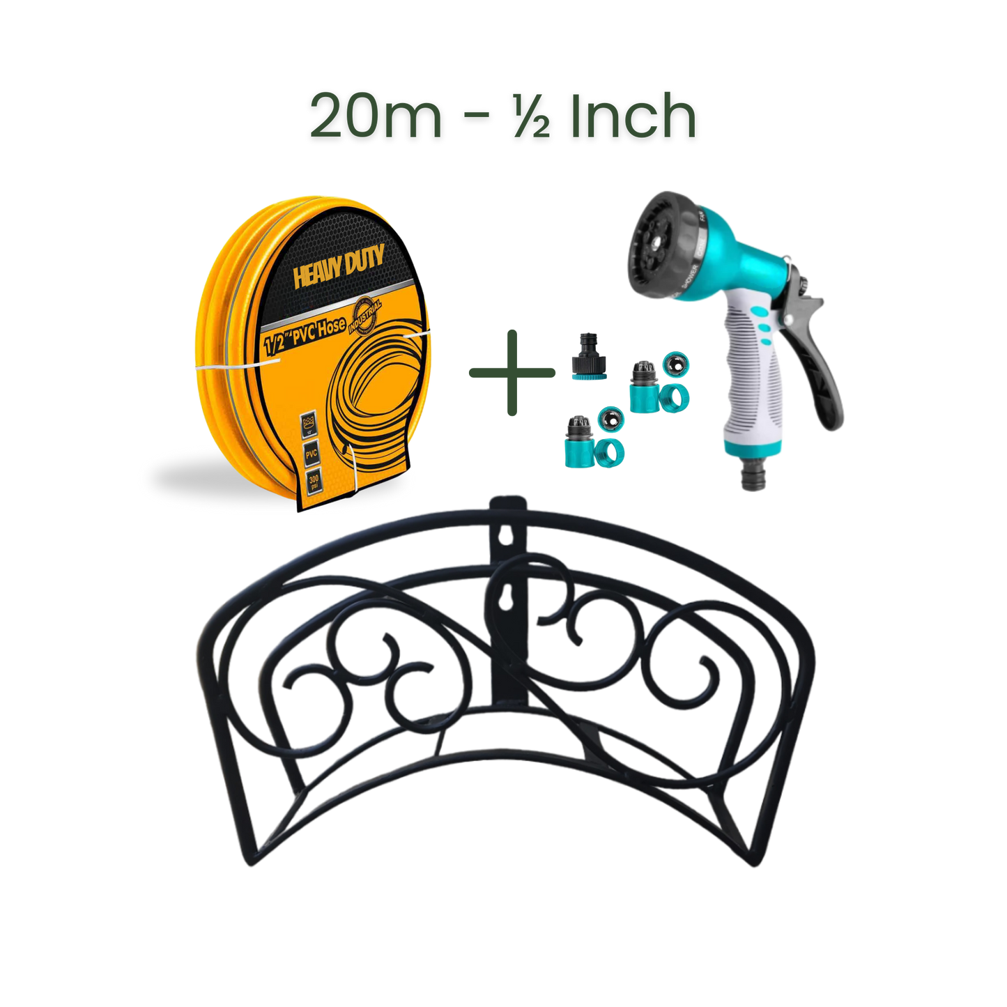 Full Set | Classic Hose Holder + 20m Heavy Duty PVC Hose + 9 Mode Sprayer + Connectors