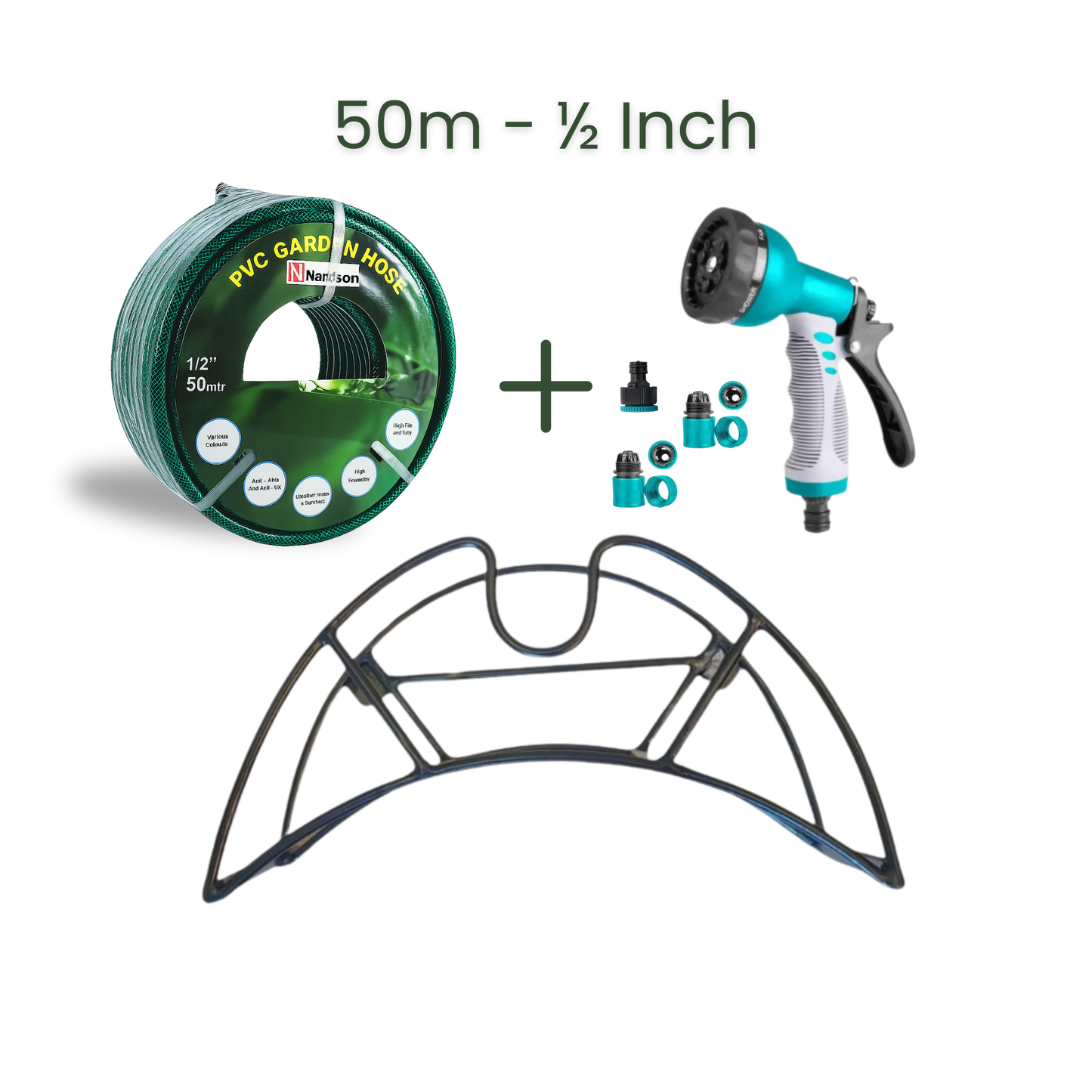 Full Set | Modern Hose Holder + 50m Heavy Duty PVC Hose + 9 Mode Sprayer + Connectors