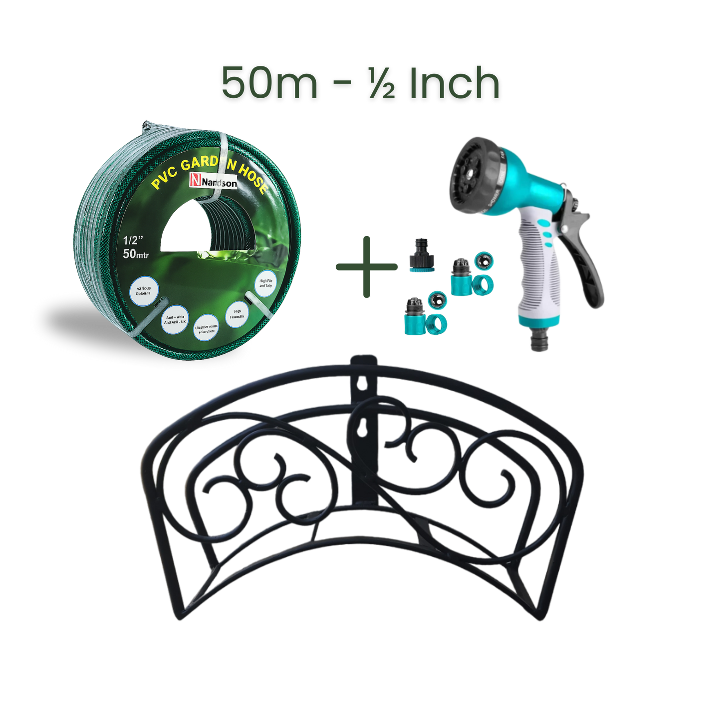 Full Set | Classic Hose Holder + 50m Heavy Duty PVC Hose + 9 Mode Sprayer + Connectors