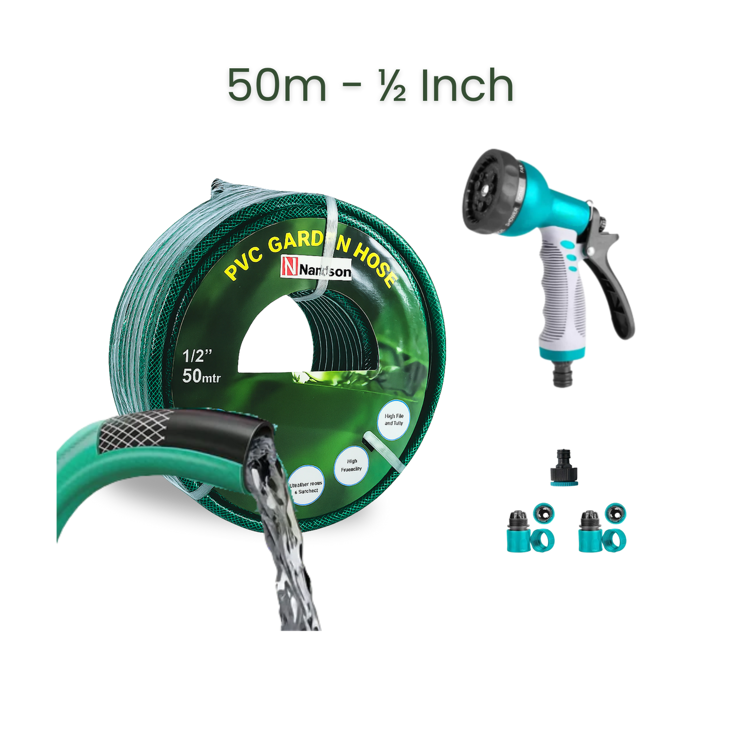 Bundle | 50m Heavy Duty PVC Hose + 9 Mode Sprayer + Connectors