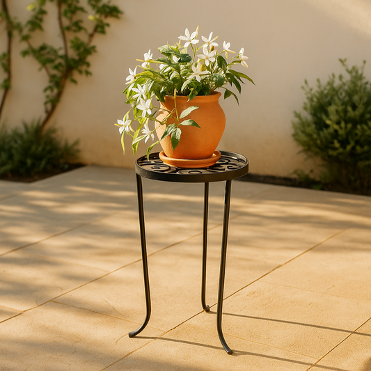Potted plant on a small round metal table outdoors with a beige wall and greenery in the background.