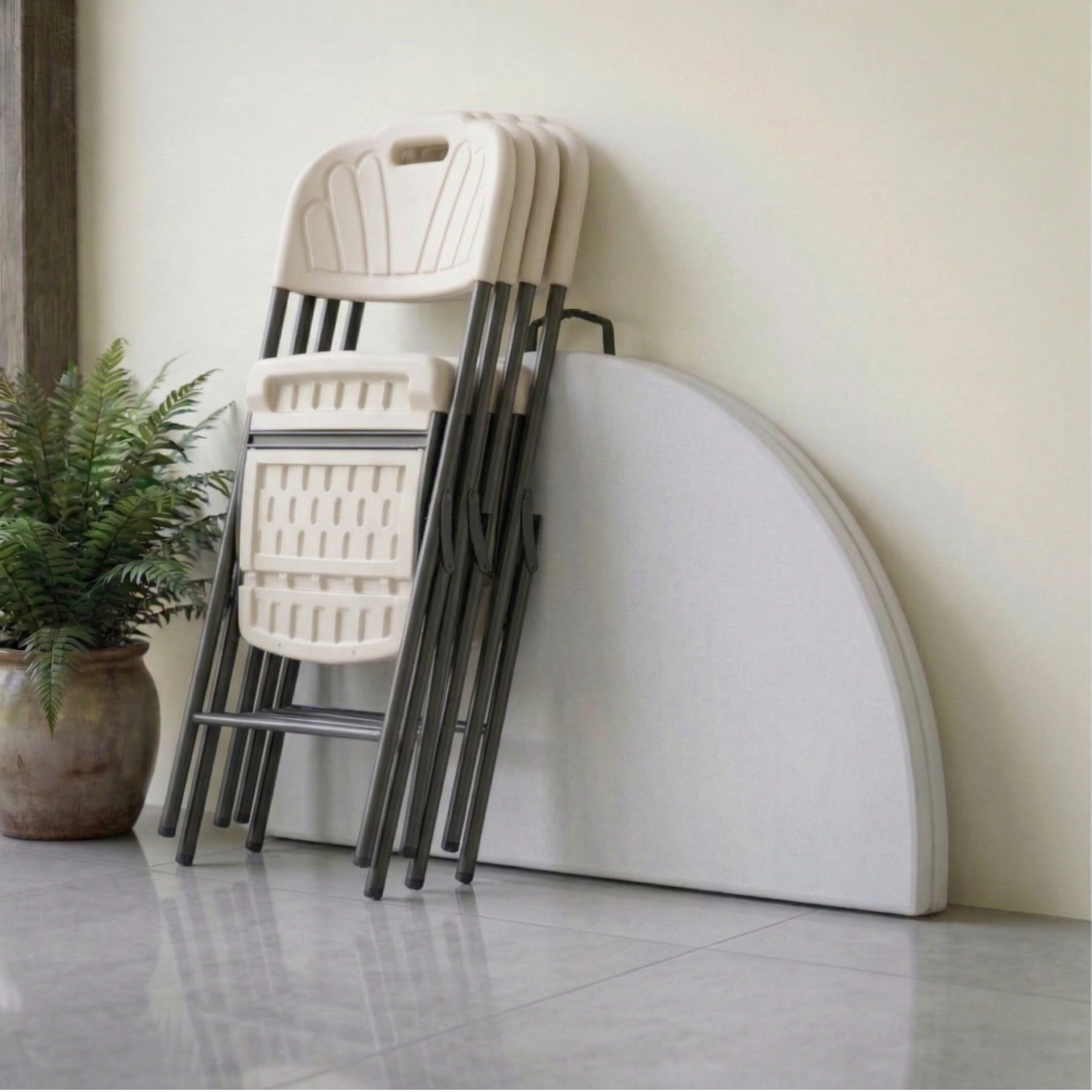 Load video: 120cm Round Heavy-Duty Folding Dining Set | Table + 4 Chairs