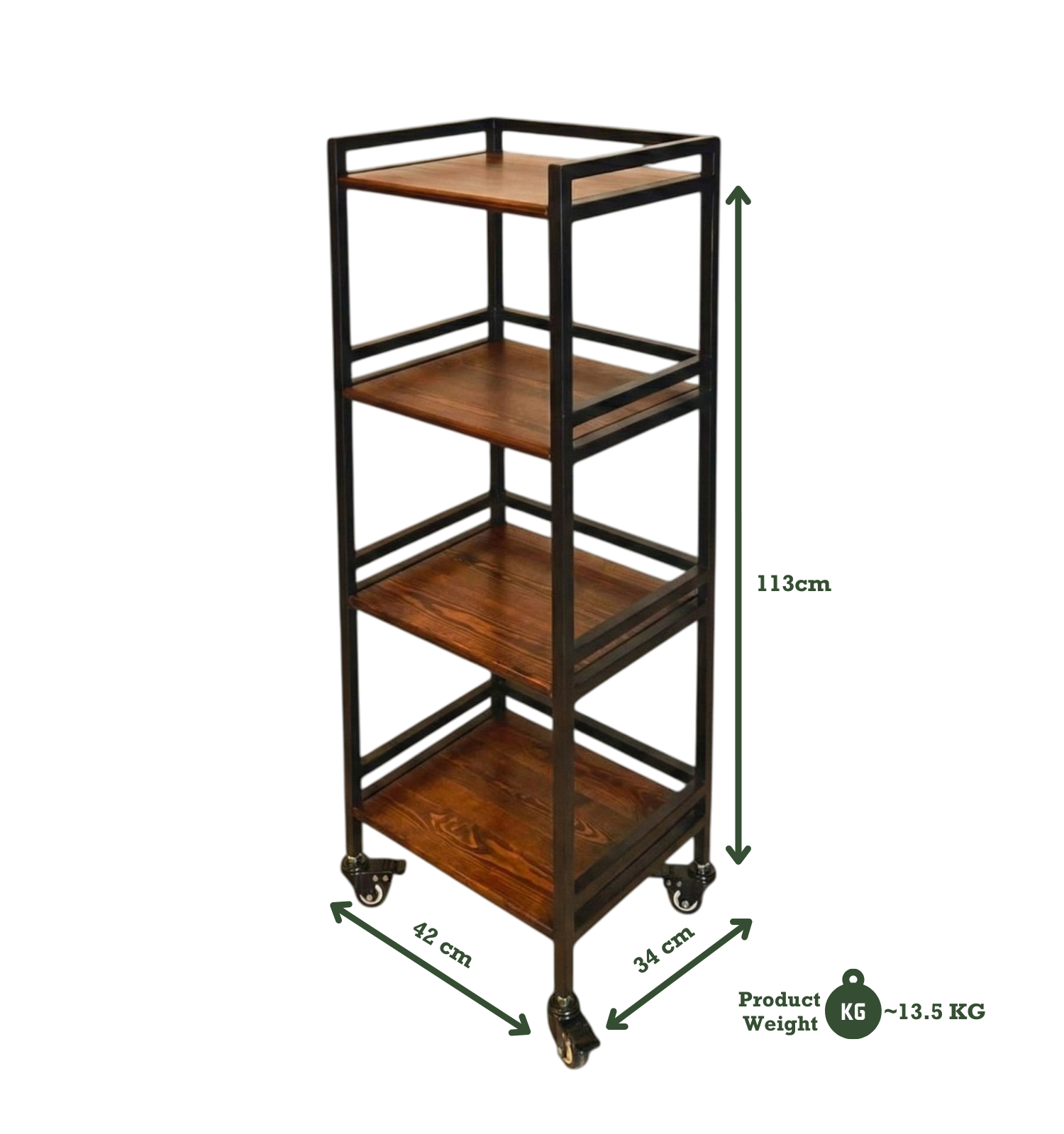 Hudson | 4-Tier Iron & Wood Rack with Wheels & Brakes