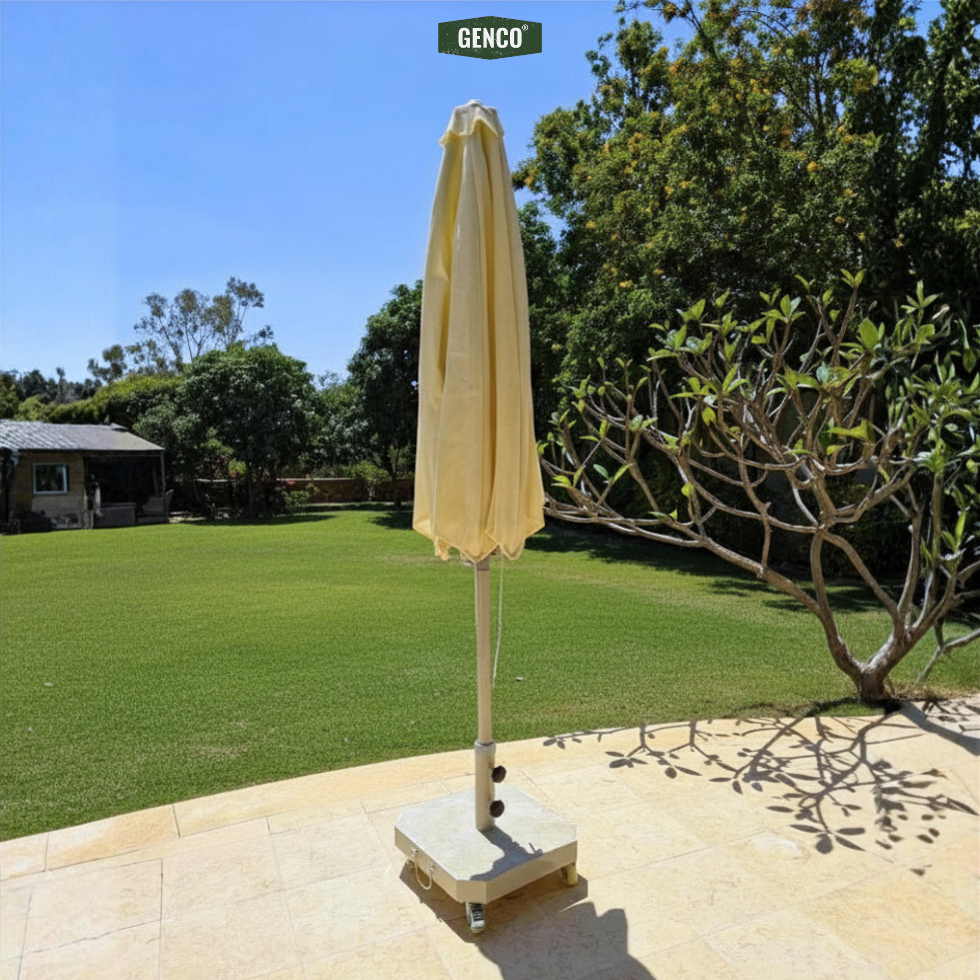 2.6m Aluminum Modern HDPE Mesh Umbrella – Easy-Pull Rope Mechanism | With Heavy-Duty Marble Base
