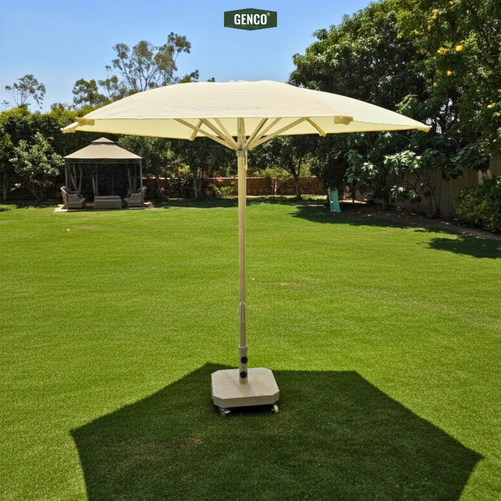 2.6m Aluminum Modern HDPE Mesh Umbrella – Easy-Pull Rope Mechanism | With Heavy-Duty Marble Base