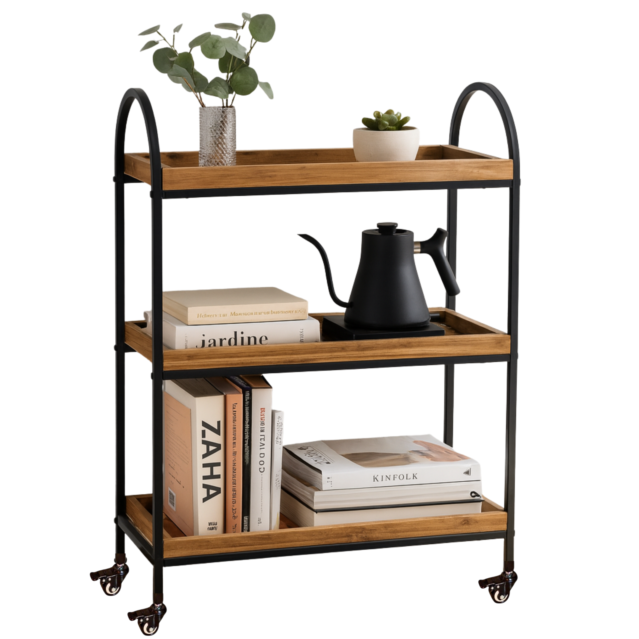 Arc | 3-Tier Wood & Iron Rack with Wheels & Brakes