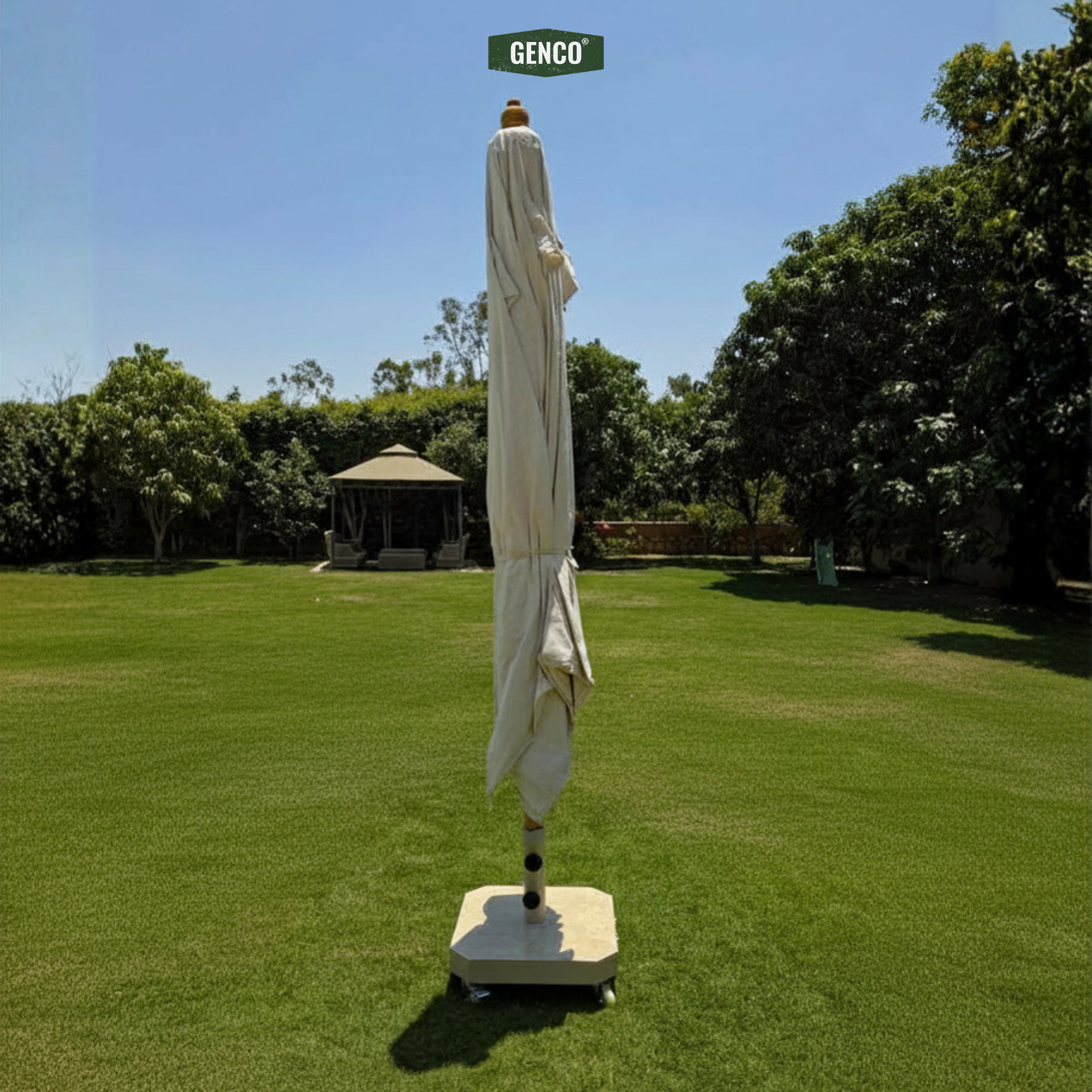 4m Natural Tree-Wood Umbrella – Easy-Pull Rope Mechanism | With Heavy-Duty Marble Base