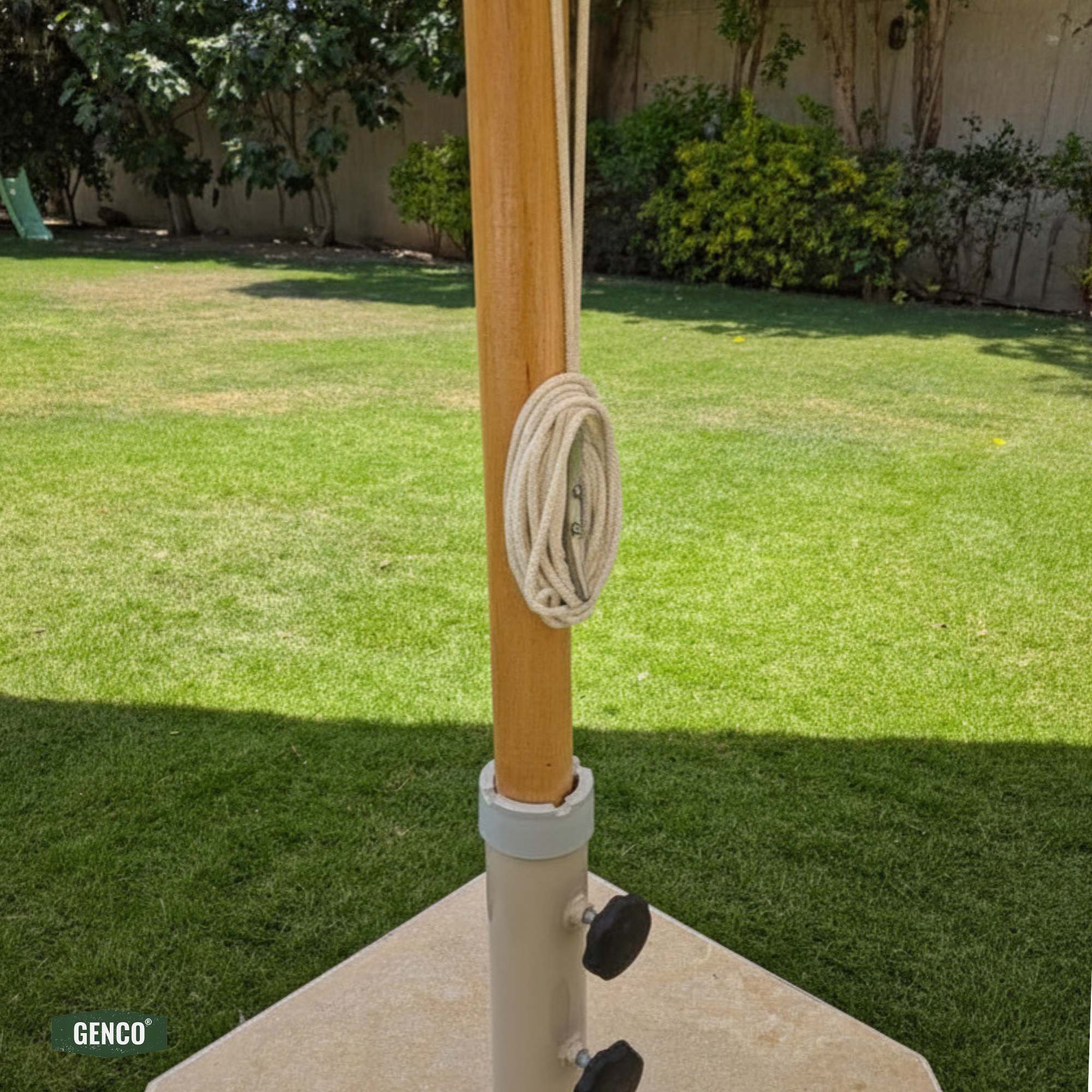 4m Natural Tree-Wood Umbrella – Easy-Pull Rope Mechanism | With Heavy-Duty Marble Base