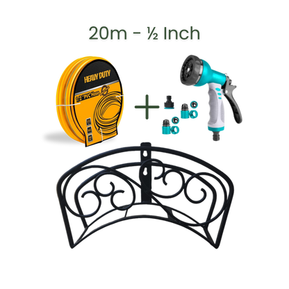 Full Set | Classic Hose Holder + 20m Heavy Duty PVC Hose + 9 Mode Sprayer + Connectors