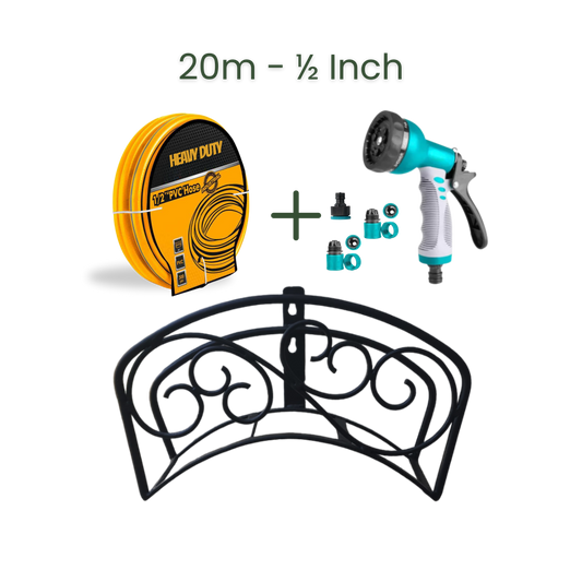 Full Set | Classic Hose Holder + 20m Heavy Duty PVC Hose + 9 Mode Sprayer + Connectors