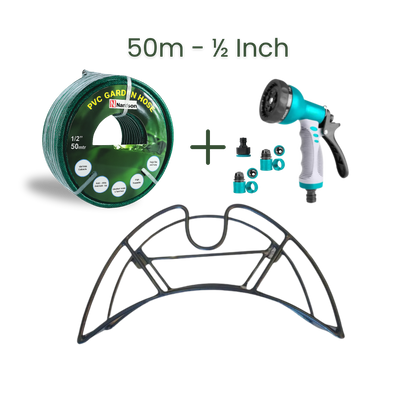 Full Set | Modern Hose Holder + 50m Heavy Duty PVC Hose + 9 Mode Sprayer + Connectors