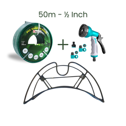 Full Set | Modern Hose Holder + 50m Heavy Duty PVC Hose + 9 Mode Sprayer + Connectors