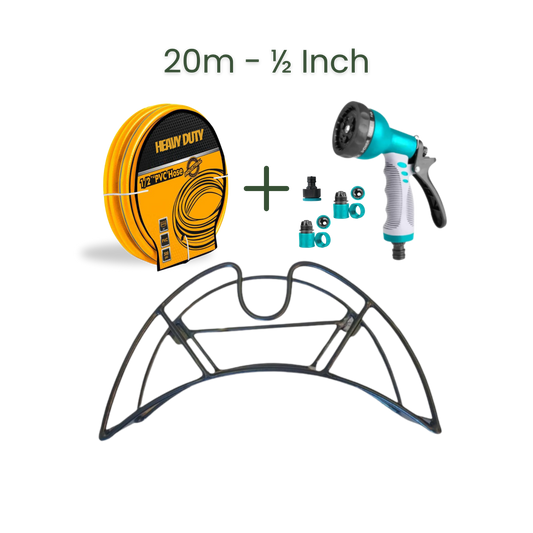Full Set | Modern Hose Holder + 20m Heavy Duty PVC Hose + 9 Mode Sprayer + Connectors