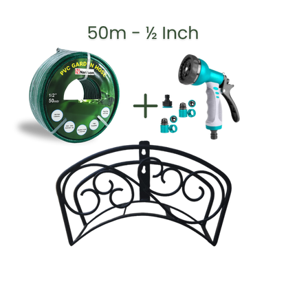 Full Set | Classic Hose Holder + 50m Heavy Duty PVC Hose + 9 Mode Sprayer + Connectors
