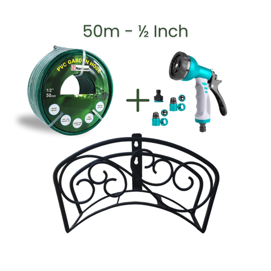 Full Set | Classic Hose Holder + 50m Heavy Duty PVC Hose + 9 Mode Sprayer + Connectors
