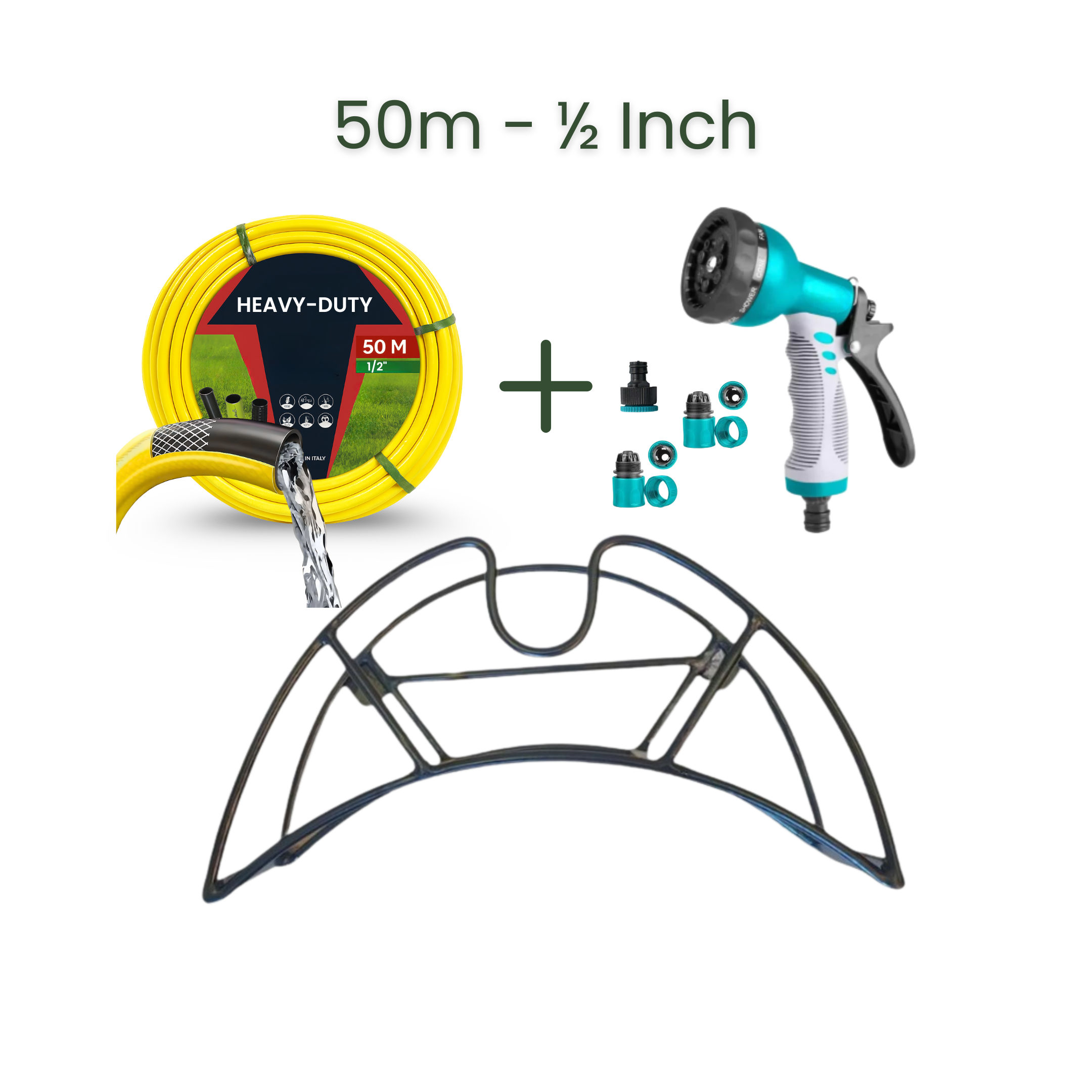 Full Set | Modern Hose Holder + 50m Heavy Duty PVC Hose + 9 Mode Sprayer + Connectors