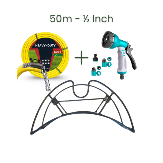 Full Set | Modern Hose Holder + 50m Heavy Duty PVC Hose + 9 Mode Sprayer + Connectors