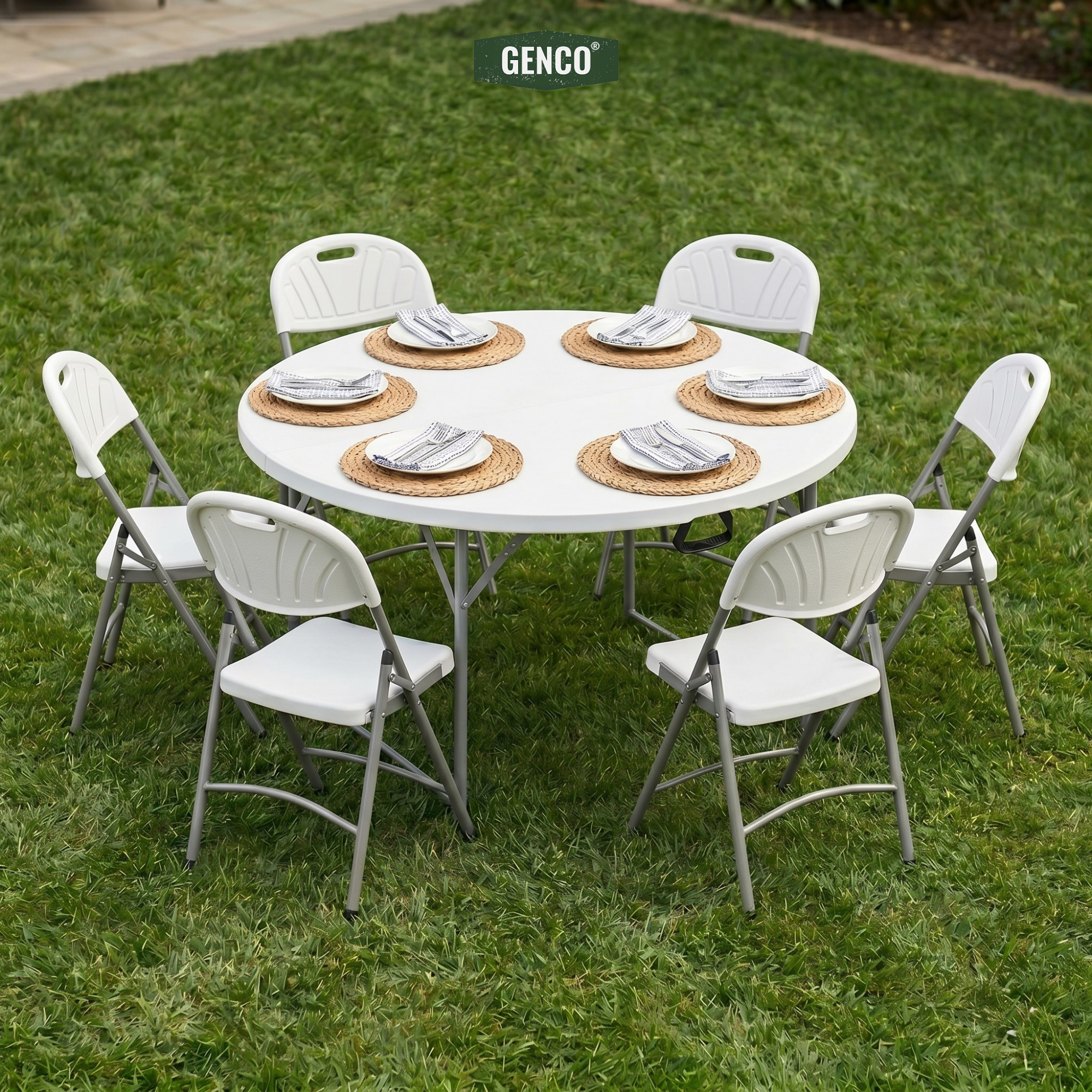 150cm Round Heavy-Duty Folding Dining Set | Table + 6 Chairs