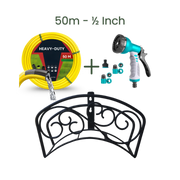 Full Set | Classic Hose Holder + 50m Heavy Duty PVC Hose + 9 Mode Sprayer + Connectors