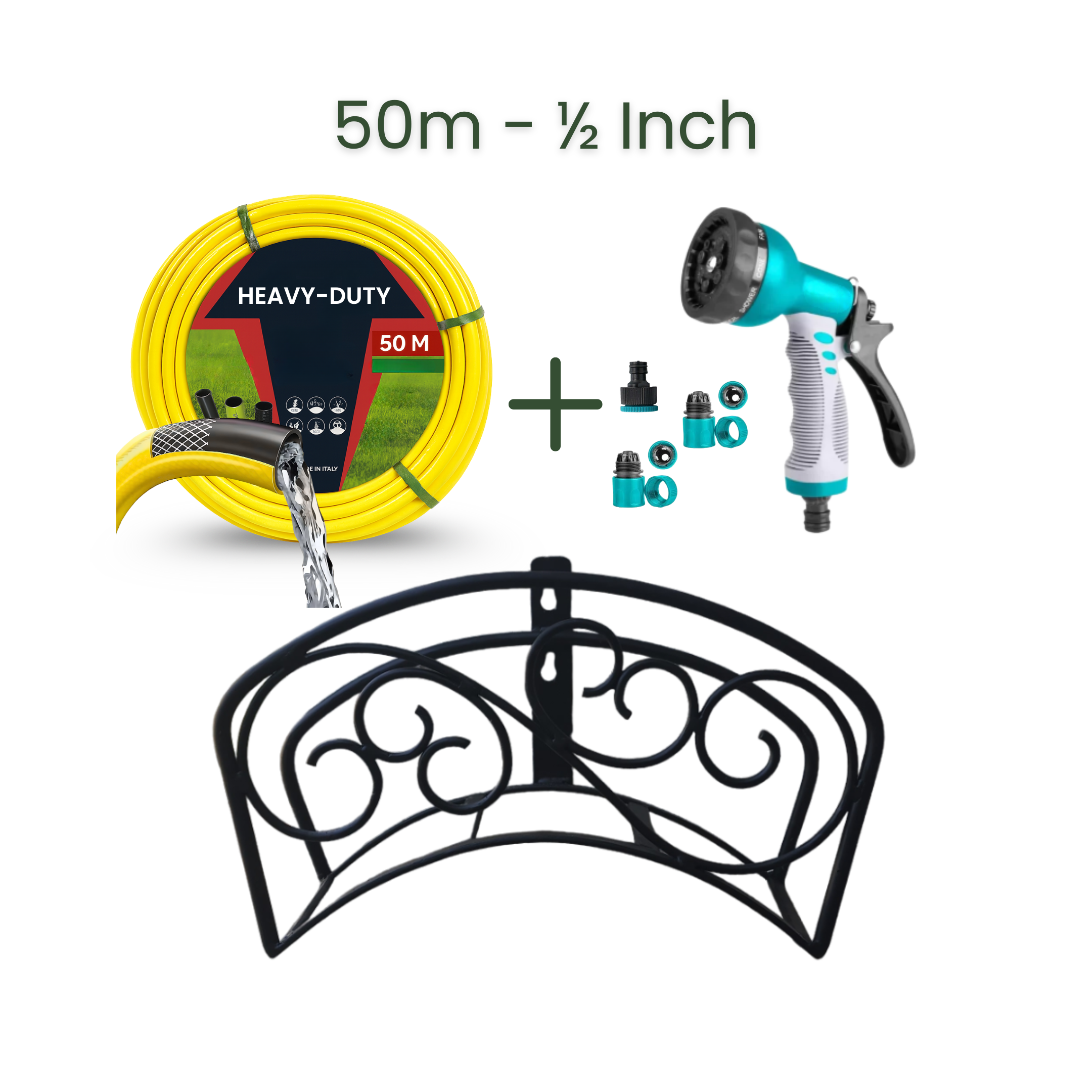 Full Set | Classic Hose Holder + 50m Heavy Duty PVC Hose + 9 Mode Sprayer + Connectors