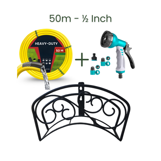 Full Set | Classic Hose Holder + 50m Heavy Duty PVC Hose + 9 Mode Sprayer + Connectors