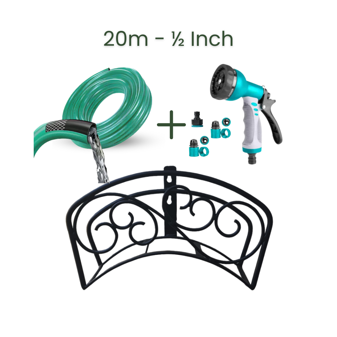 Full Set | Classic Hose Holder + 20m Heavy Duty PVC Hose + 9 Mode Sprayer + Connectors