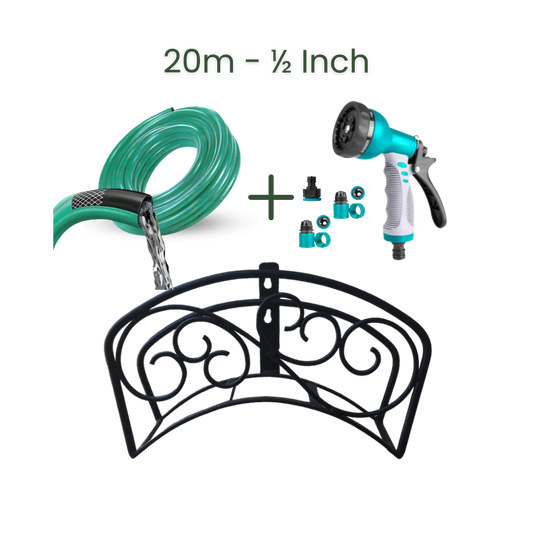 Full Set | Classic Hose Holder + 20m Heavy Duty PVC Hose + 9 Mode Sprayer + Connectors
