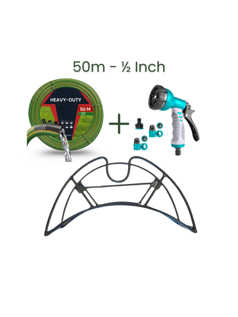 Full Set | Modern Hose Holder + 50m Heavy Duty PVC Hose + 9 Mode Sprayer + Connectors