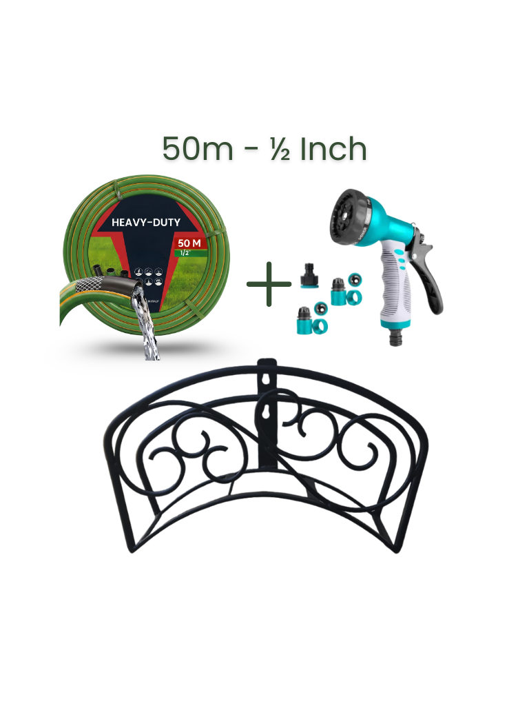 Full Set | Classic Hose Holder + 50m Heavy Duty PVC Hose + 9 Mode Sprayer + Connectors