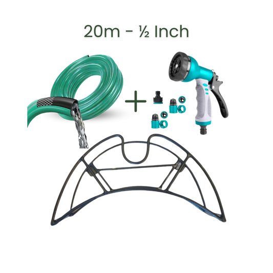 Full Set | Modern Hose Holder + 20m Heavy Duty PVC Hose + 9 Mode Sprayer + Connectors