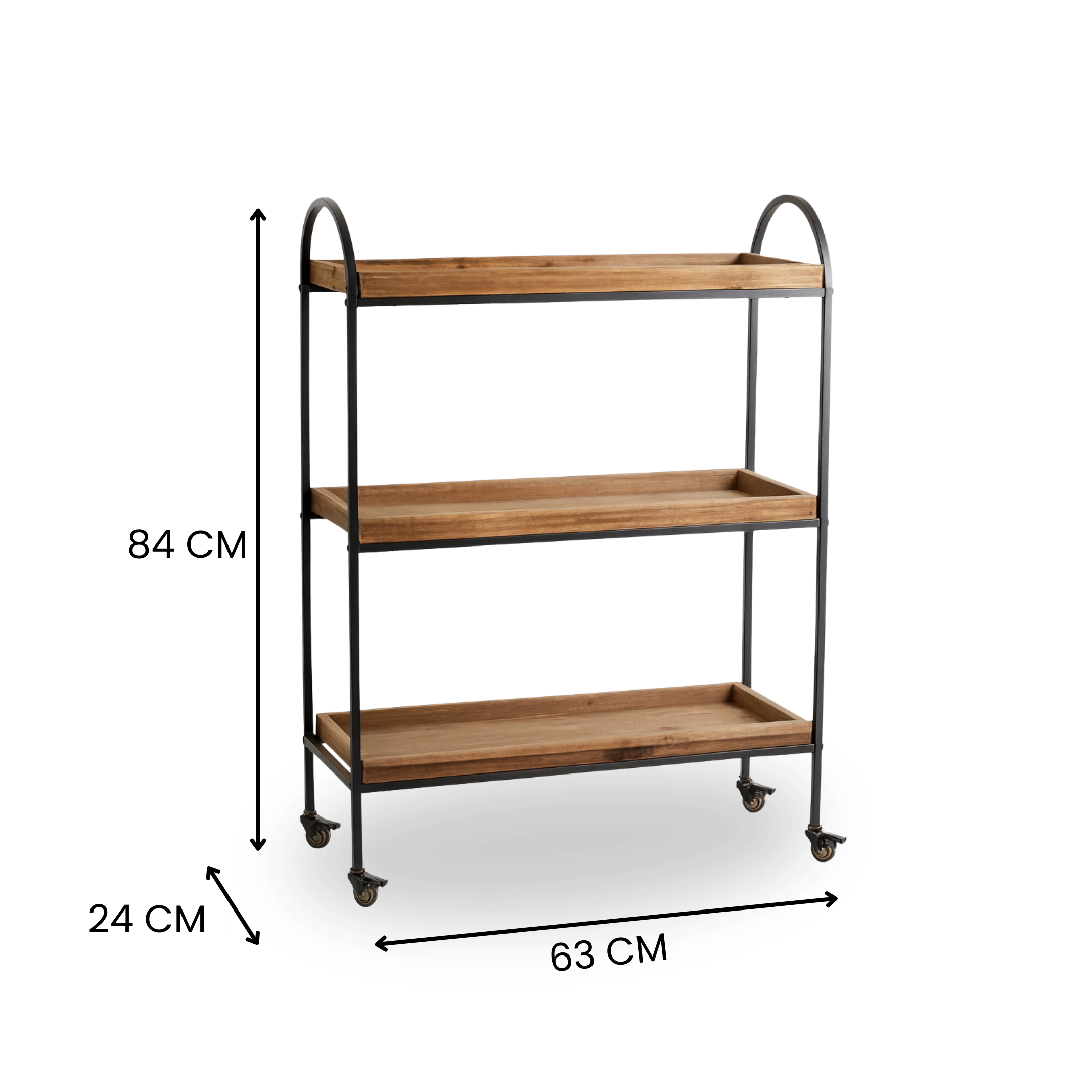 Arc | 3-Tier Wood & Iron Rack with Wheels & Brakes