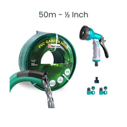 Bundle | 50m Heavy Duty PVC Hose + 9 Mode Sprayer + Connectors