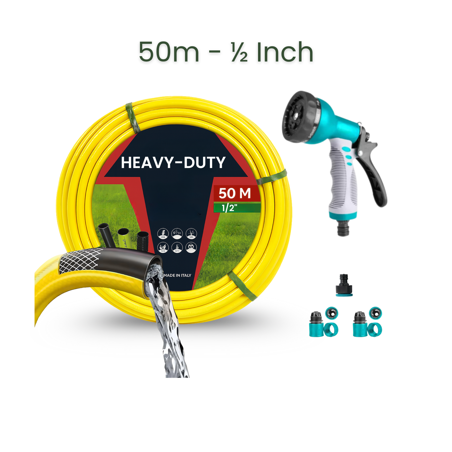 Bundle | 50m Heavy Duty PVC Hose + 9 Mode Sprayer + Connectors