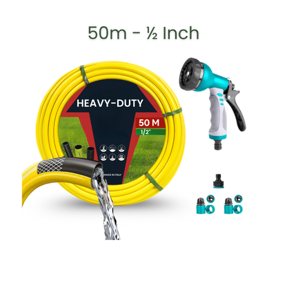 Bundle | 50m Heavy Duty PVC Hose + 9 Mode Sprayer + Connectors