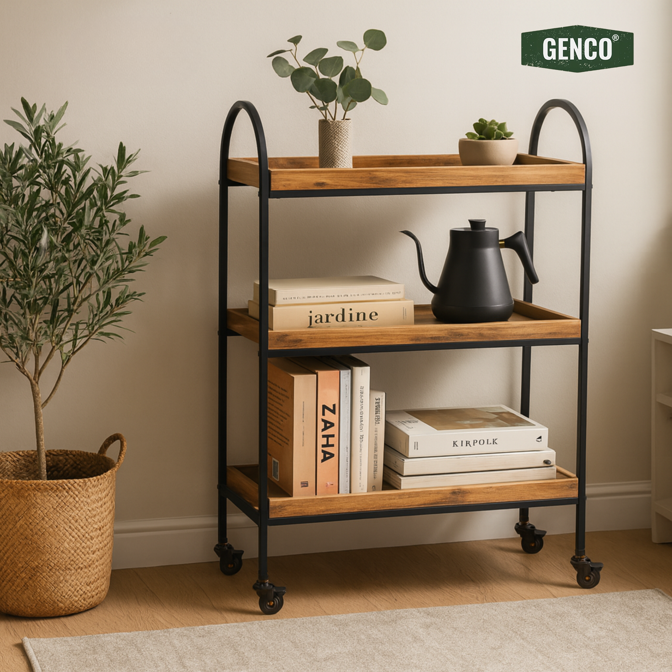 Arc | 3-Tier Wood & Iron Rack with Wheels & Brakes