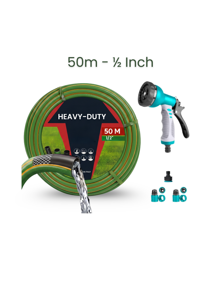 Bundle | 50m Heavy Duty PVC Hose + 9 Mode Sprayer + Connectors