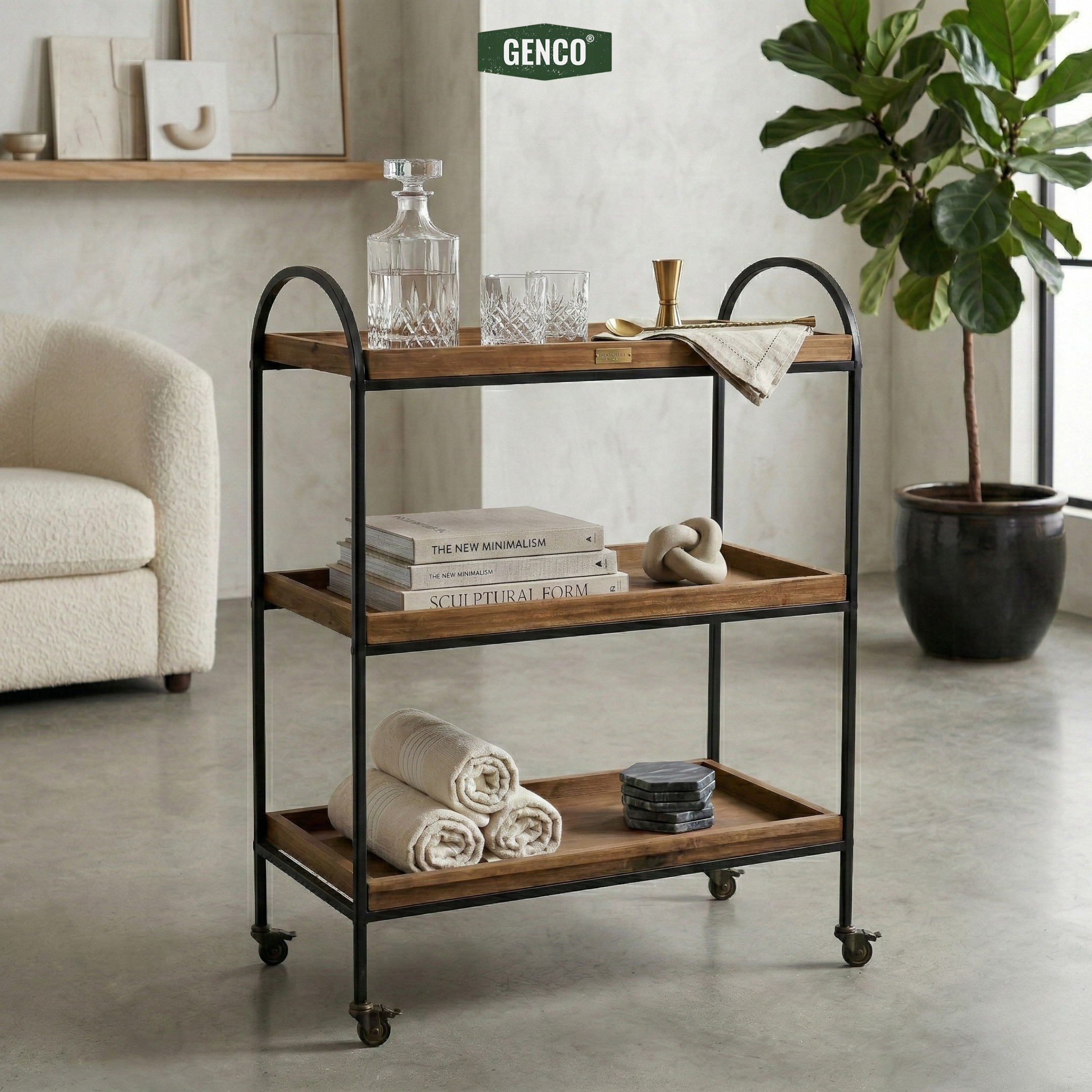 Arc XL | 3-Tier Wood & Iron Rack with Wheels & Brakes