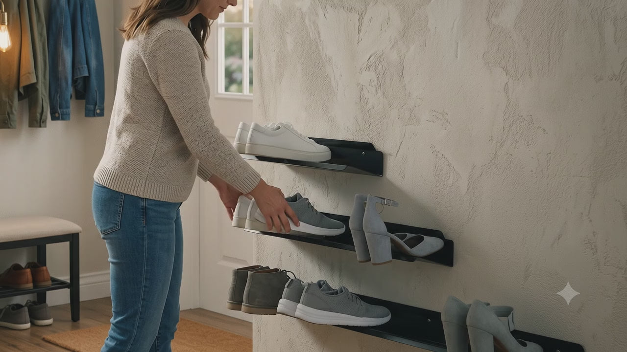 Load video: Floating Iron Shoe Rack
