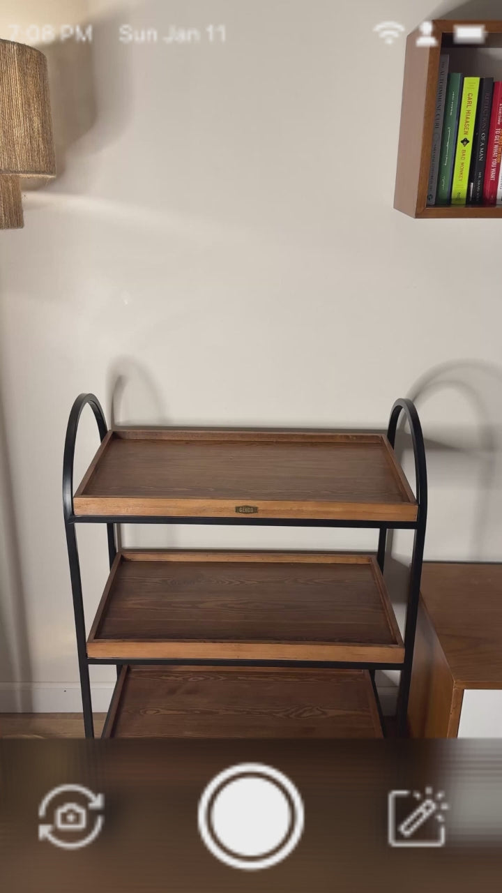 Load video: Arc XL | 3-Tier Wood &amp; Iron Rack with Wheels &amp; Brakes