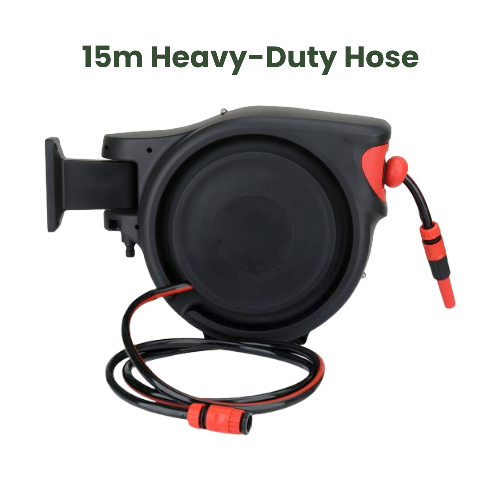 15m Automatic Hose Reel with 7-Pattern Metal Sprayer & Beechwood Post